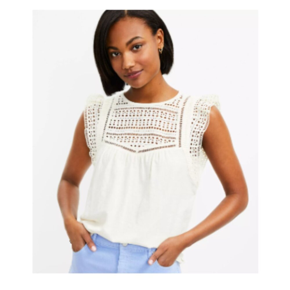 LOFT 100% Cotton Cream Eyelet Lace Bib Cap Sleeve Cotton Top - Size M - Picture 9 of 9